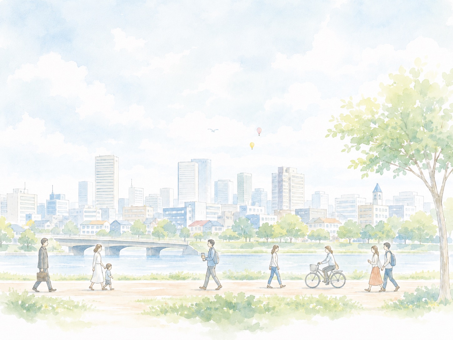 イメージイラスト：川沿いを行き交う人々とまちなみ